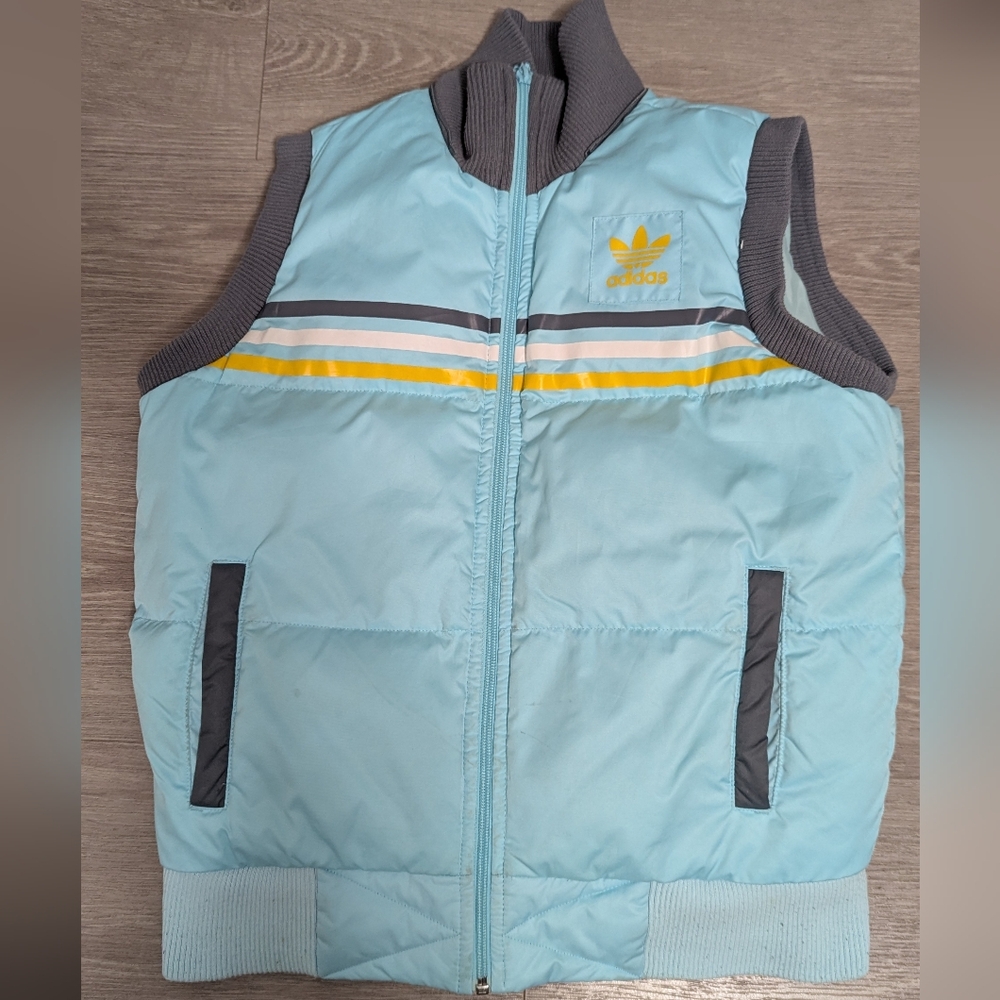 Adidas Sky Blue Puffer Vest with Yellow Stripes Size Medium